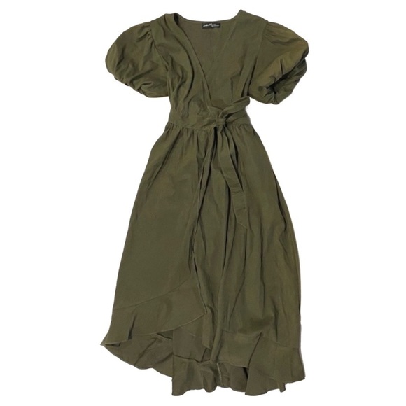 ON TWELFTH Puff Sleeve Wrap Dress in Military Green - Picture 8 of 9